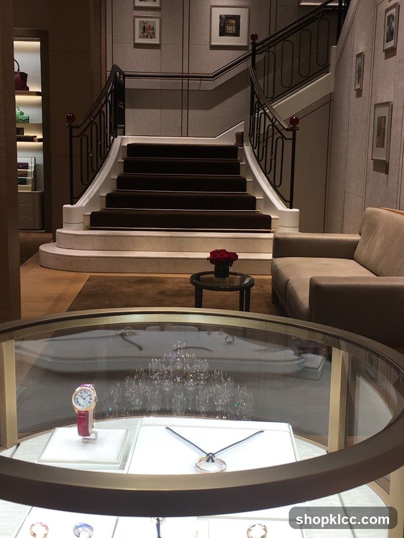 Luxury Store Interior with Staircase and Display Cases