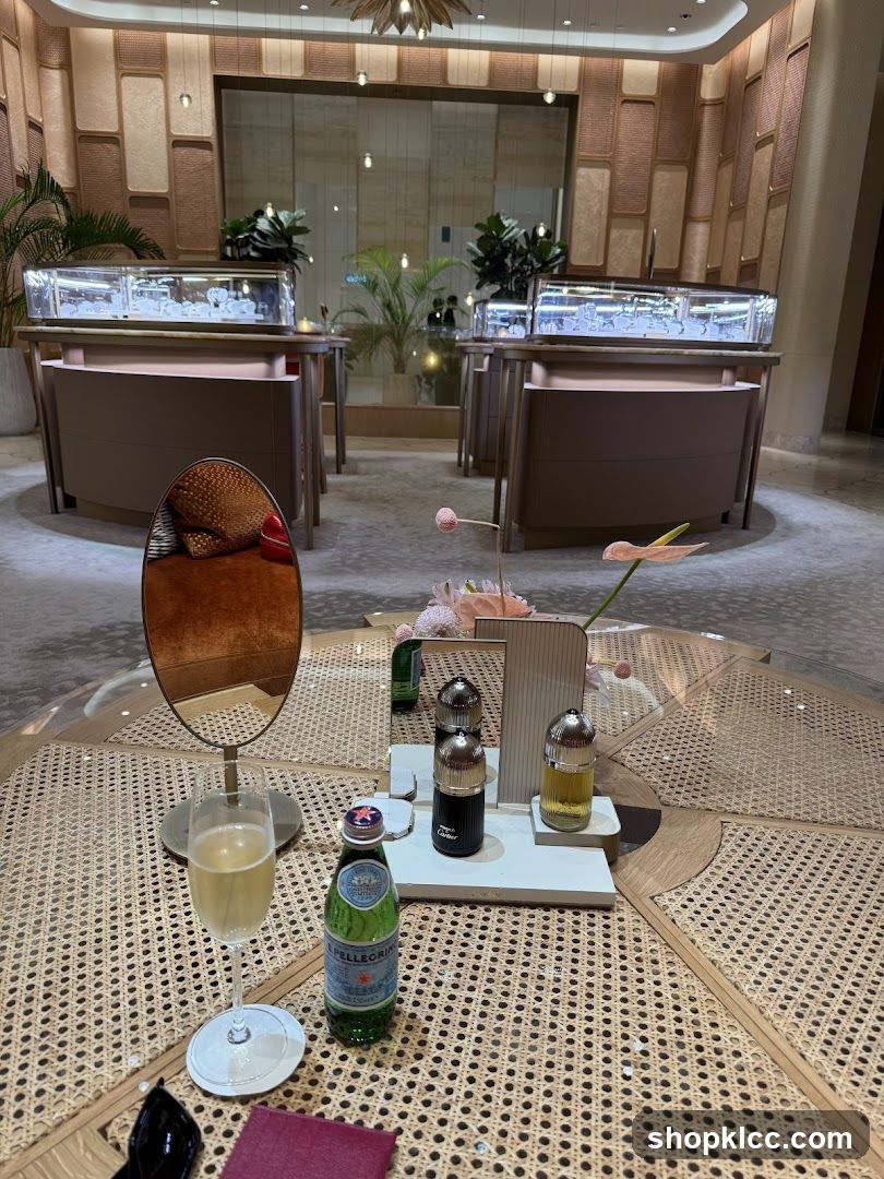 Luxury Store Interior with Display Cases and Refreshments
