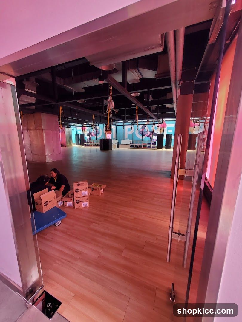 Interior of a large room with boxing equipment