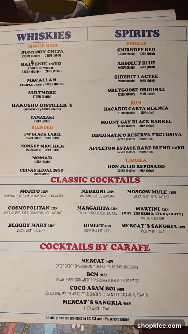 Whisky, Spirits, and Cocktails Menu