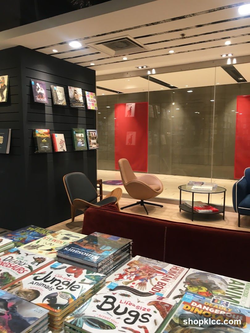 Bookstore Interior with Displayed Books and Seating