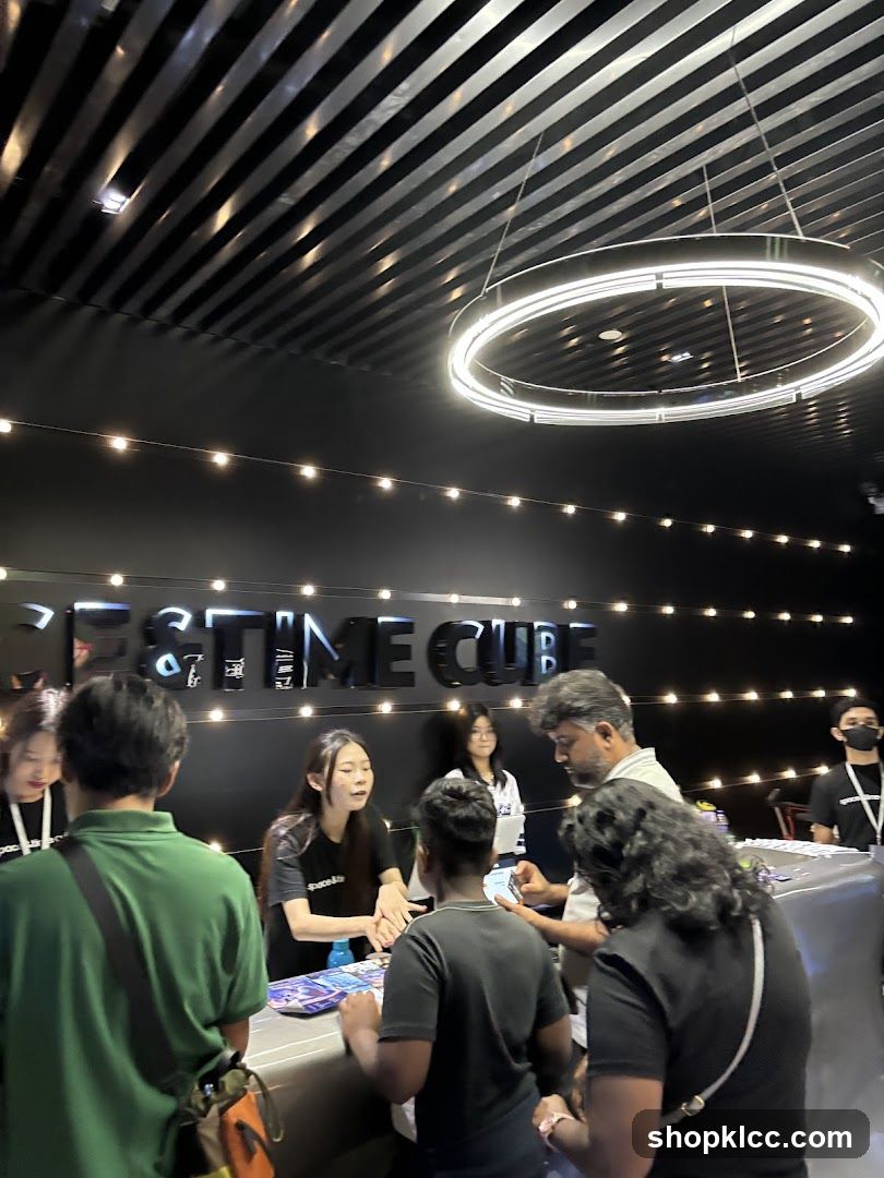 People at a counter with signage