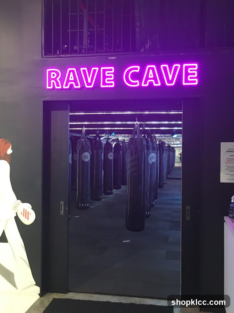 A neon sign that reads "RAVE CAVE" is illuminated in bright pink above an open doorway. Through the doorway, a room filled with rows of black punching bags is visible, lit by purple lights. On the left side of the entrance, a large graphic of a person in white clothing with boxing gloves is present.