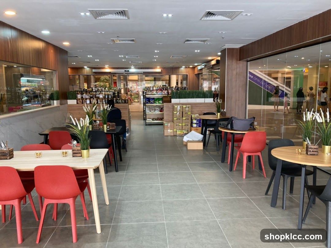 Interior of a cafe with seating and shelves