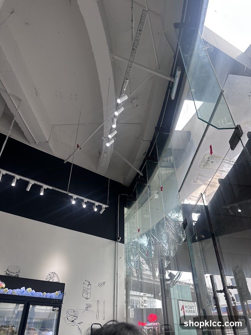 Interior of a cafe with modern lighting and minimalist decor
