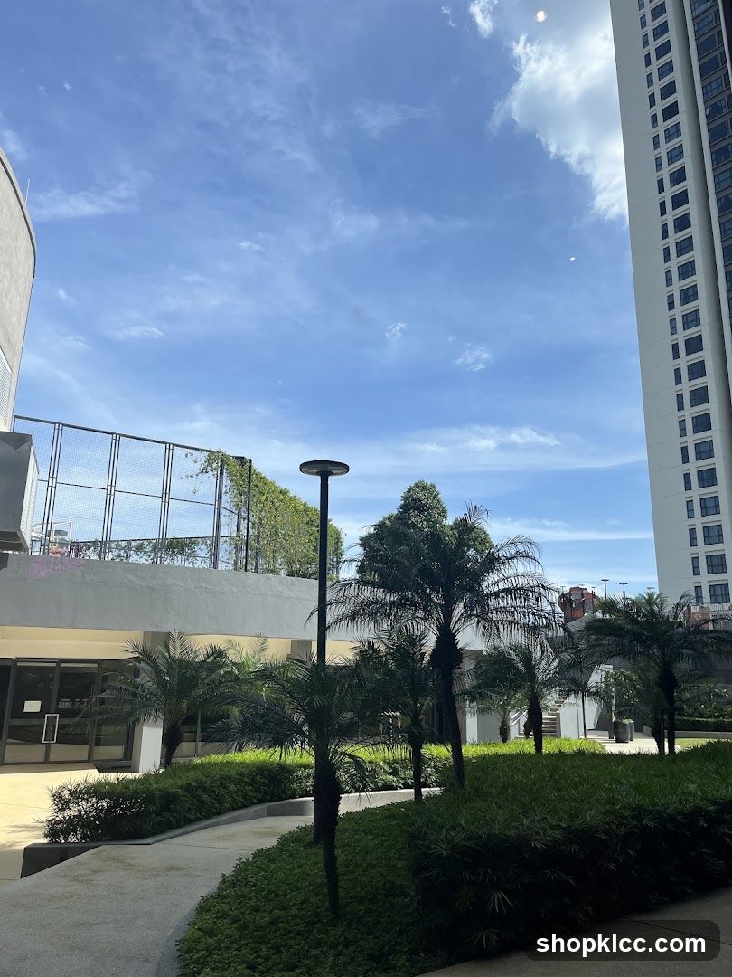 Outdoor Courtyard with Palm Trees and Modern Buildings