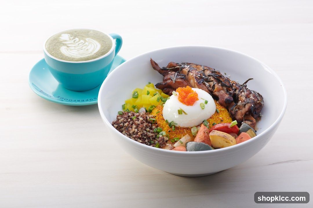 Matcha latte and a poke bowl
