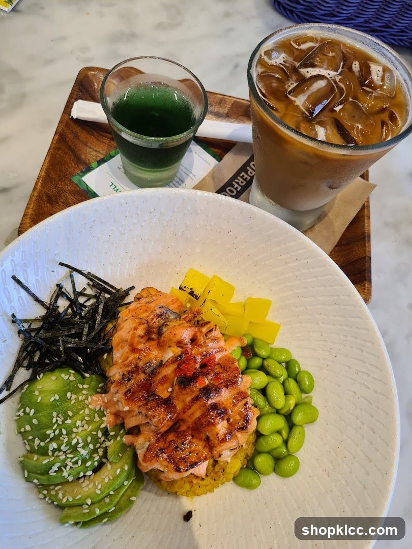 Salmon Poke Bowl with Iced Coffee and Green Shot
