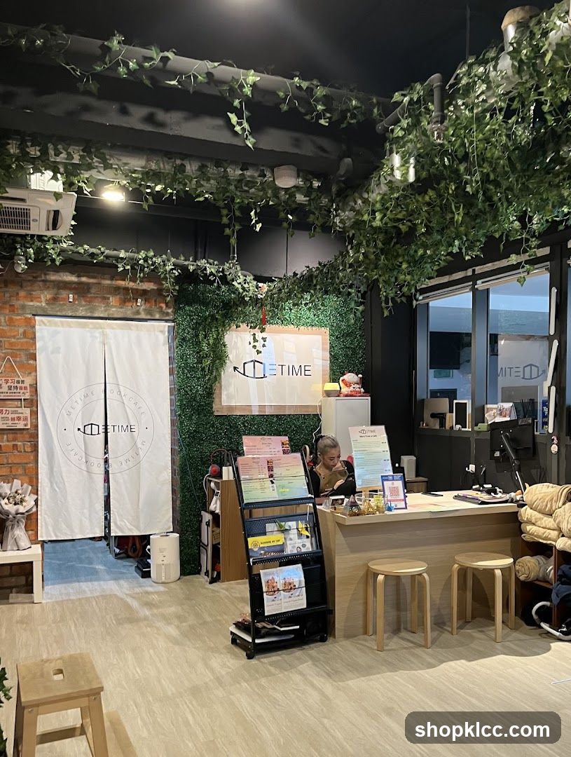 Cafe Interior with Greenery and Reception Desk