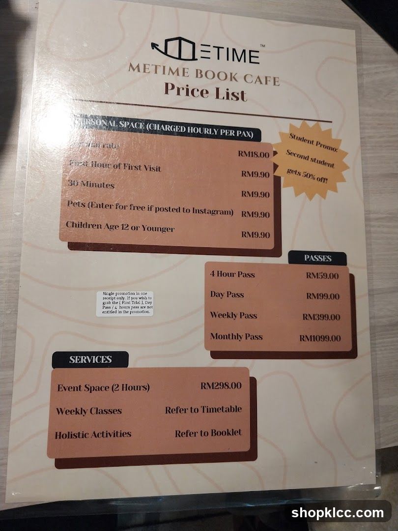 METIME BOOK CAFE Price List