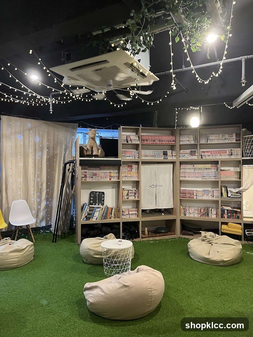 Cozy Reading Nook with Beanbags and Bookshelves