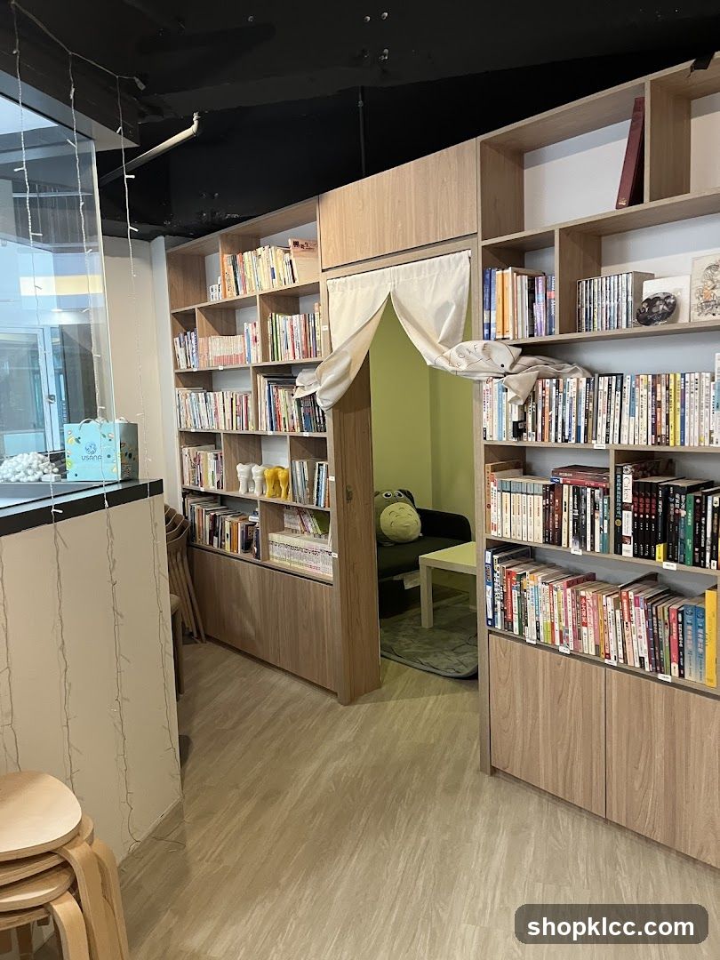 Interior of a bookstore with seating area