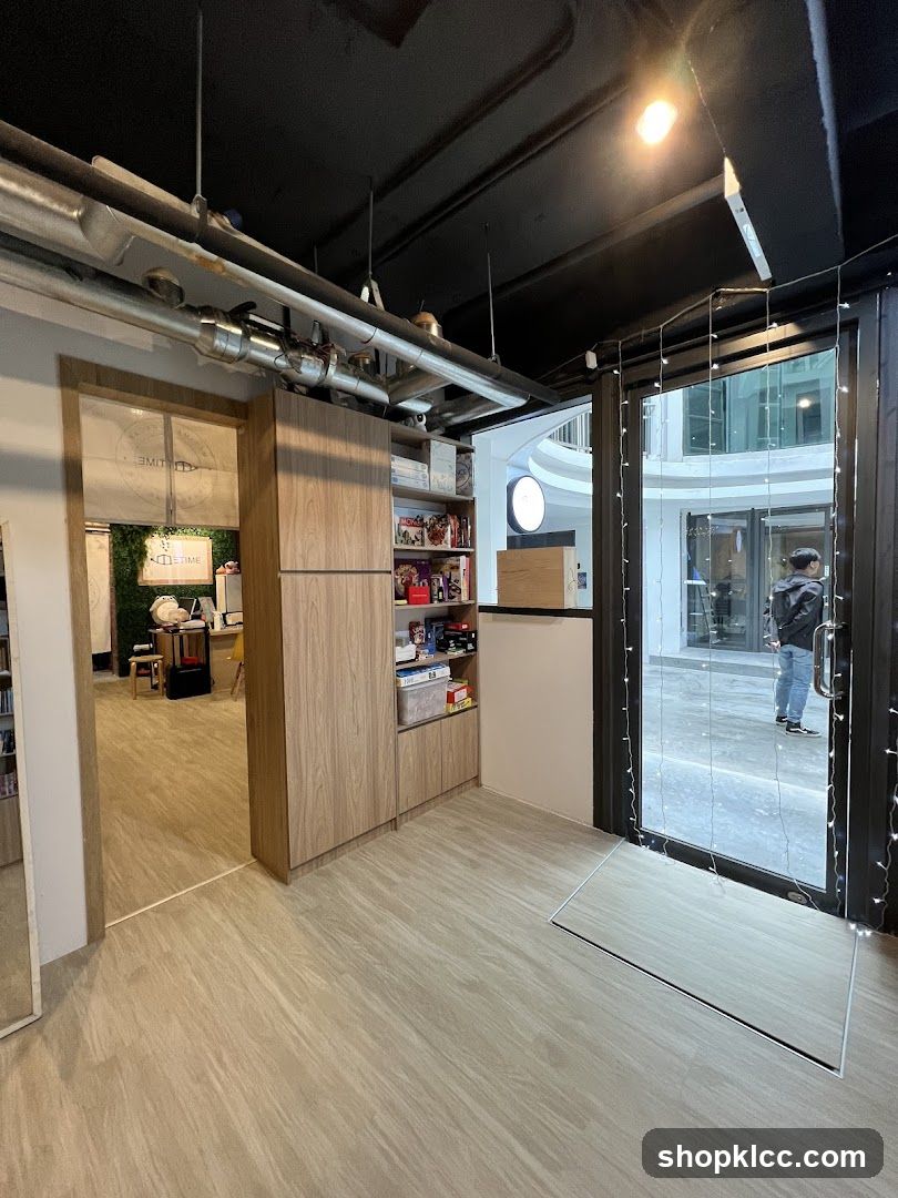 Interior of a shop with shelves and a doorway