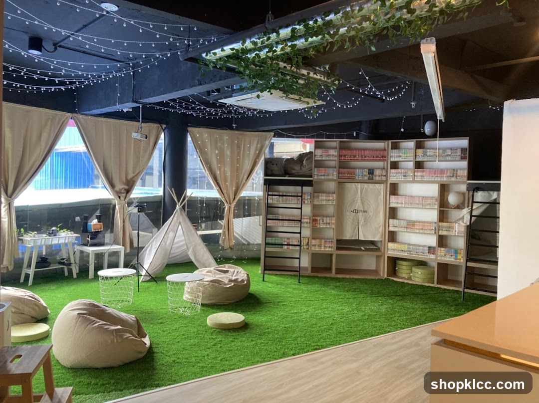 Cozy Reading Nook with Bookshelves and Beanbags