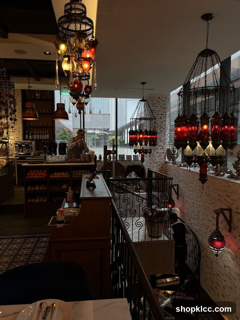 Interior of a restaurant with ornate lighting