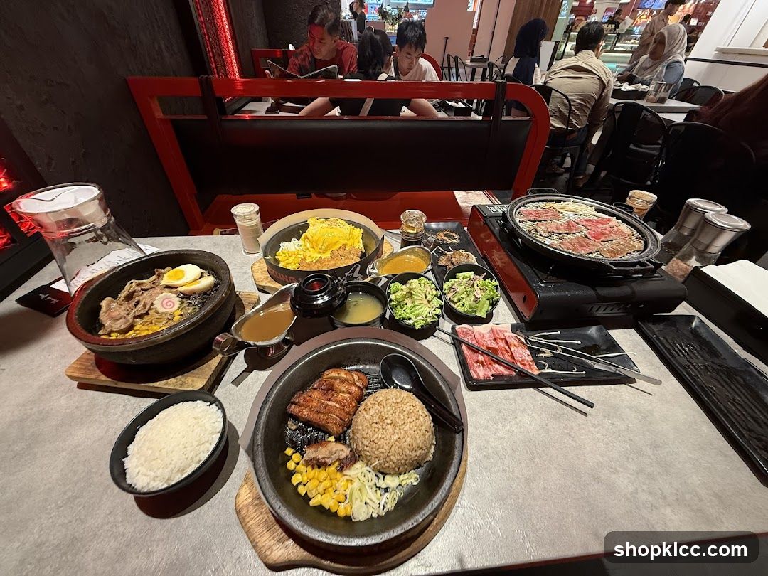 Table with various dishes and grill