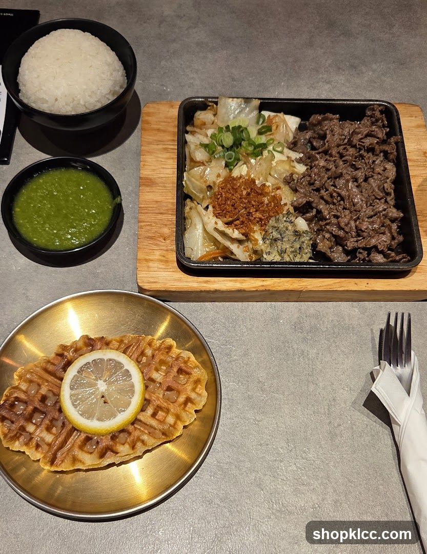 Sizzling Beef and Cabbage with Rice and Waffle