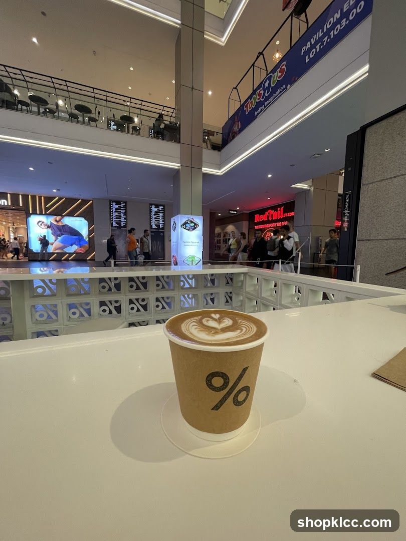 Coffee cup with latte art in a mall