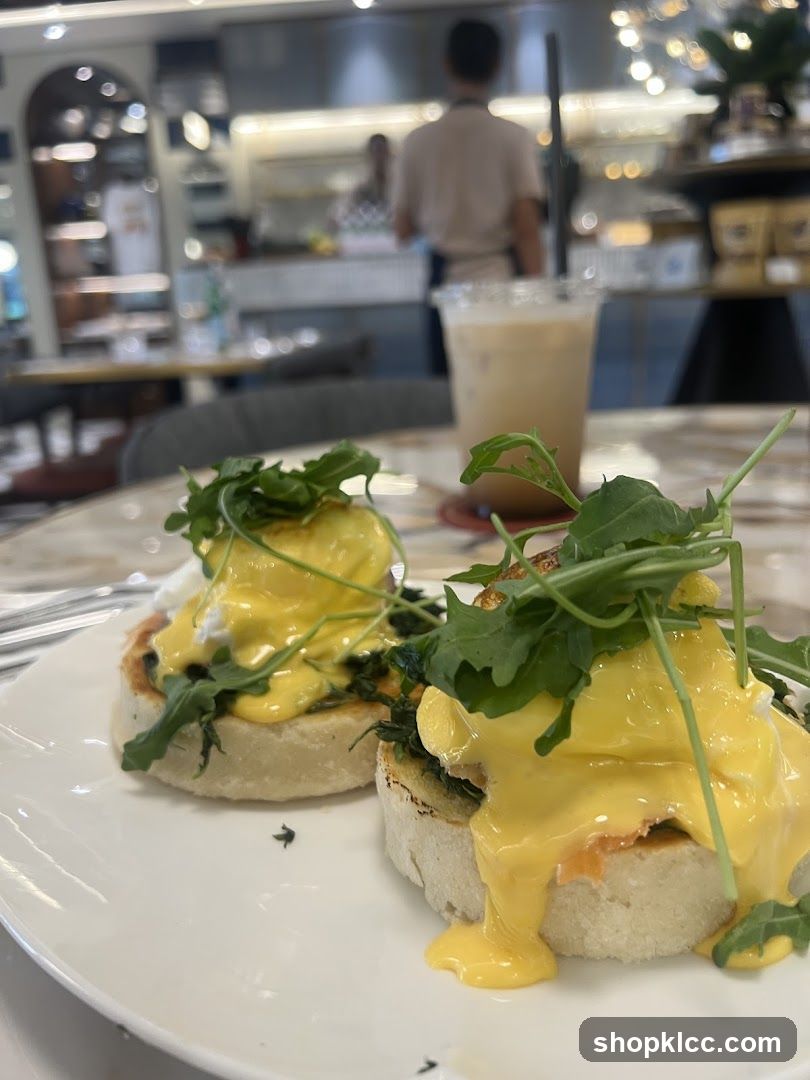 Eggs Benedict with a side of iced coffee