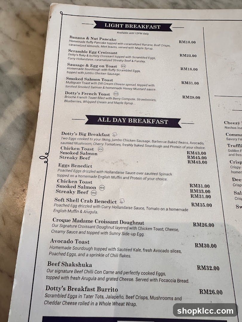 Dotty's Breakfast Menu