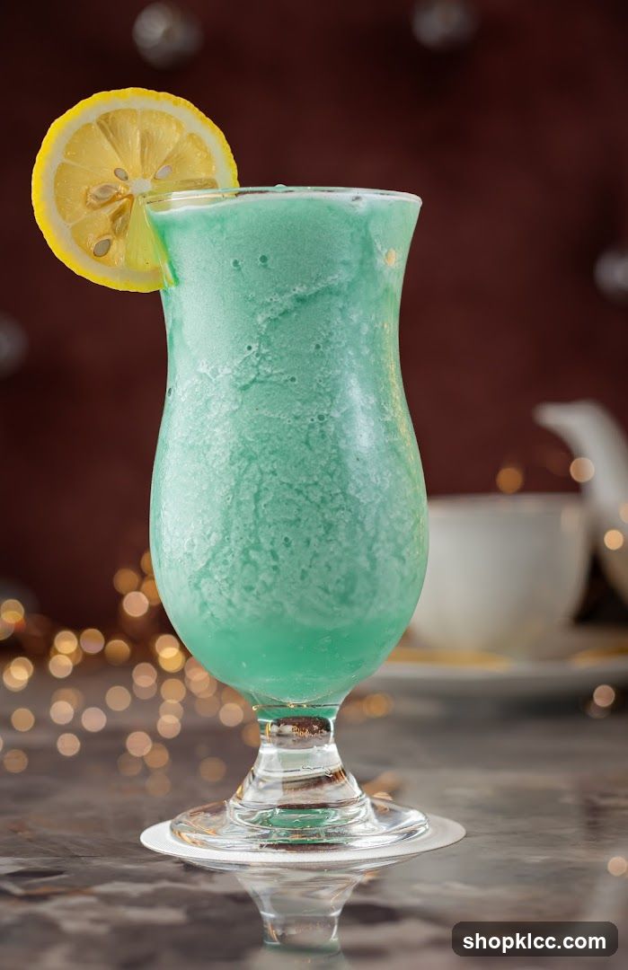 Blue slushy drink with lemon slice