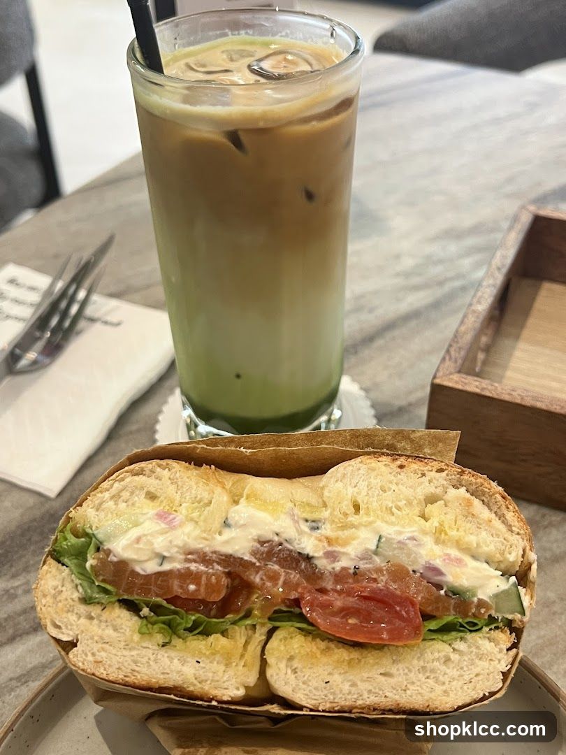 Bagel Sandwich and Iced Matcha Latte