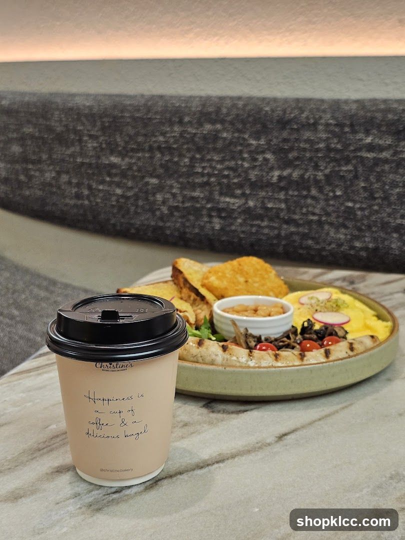 Coffee cup and breakfast platter