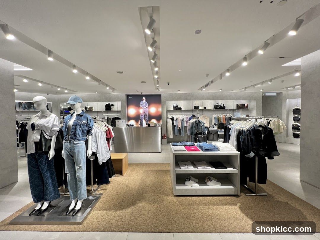 Clothing store interior with mannequins and apparel displays
