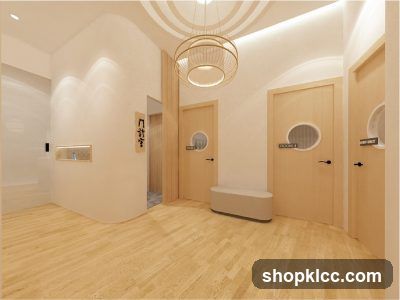 Interior hallway with doors and bench