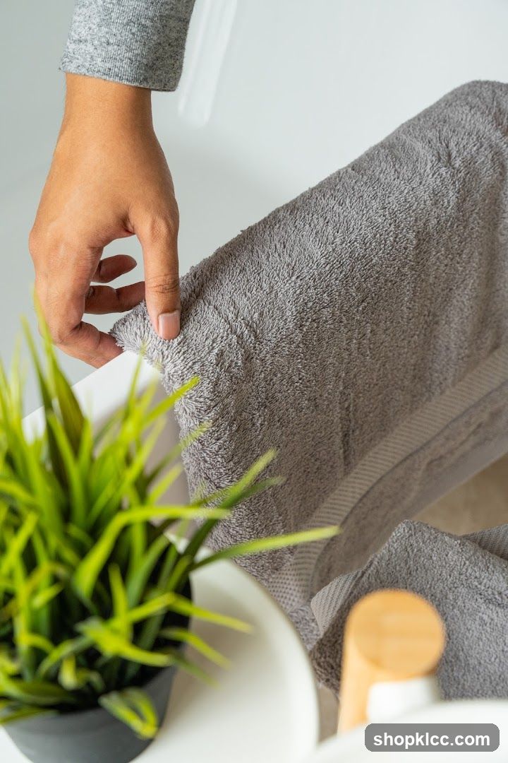 Hand holding a grey towel