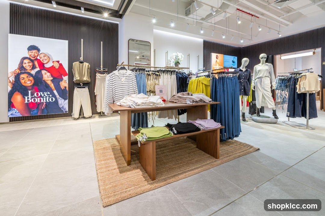 Clothing store interior with mannequins and displays