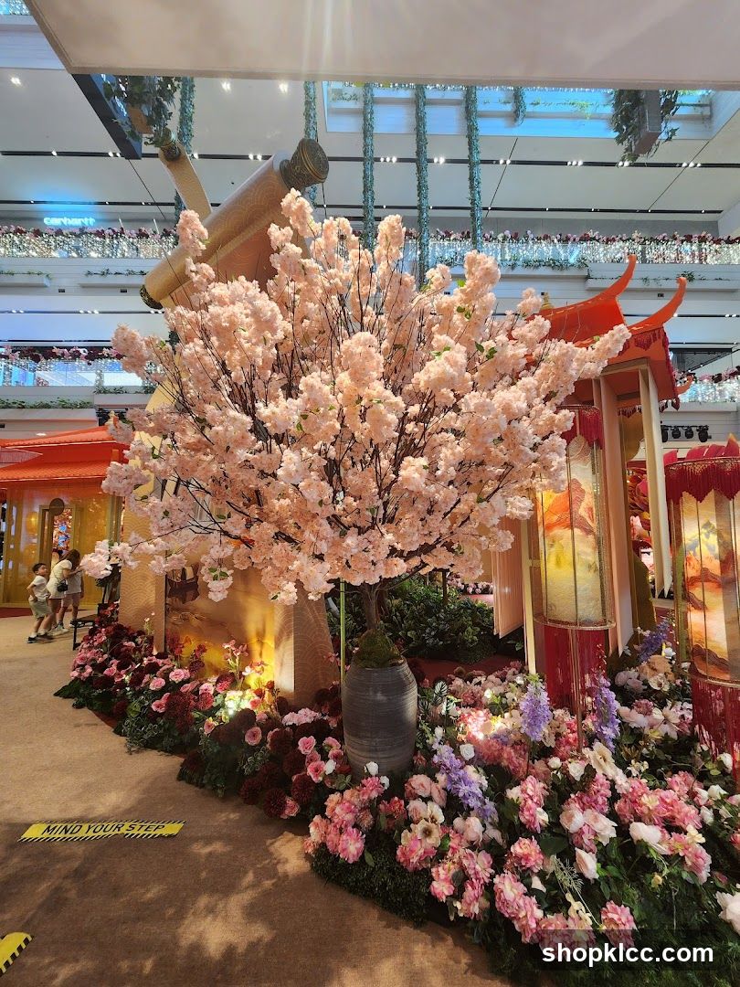 Decorative Display with Cherry Blossoms and Lanterns