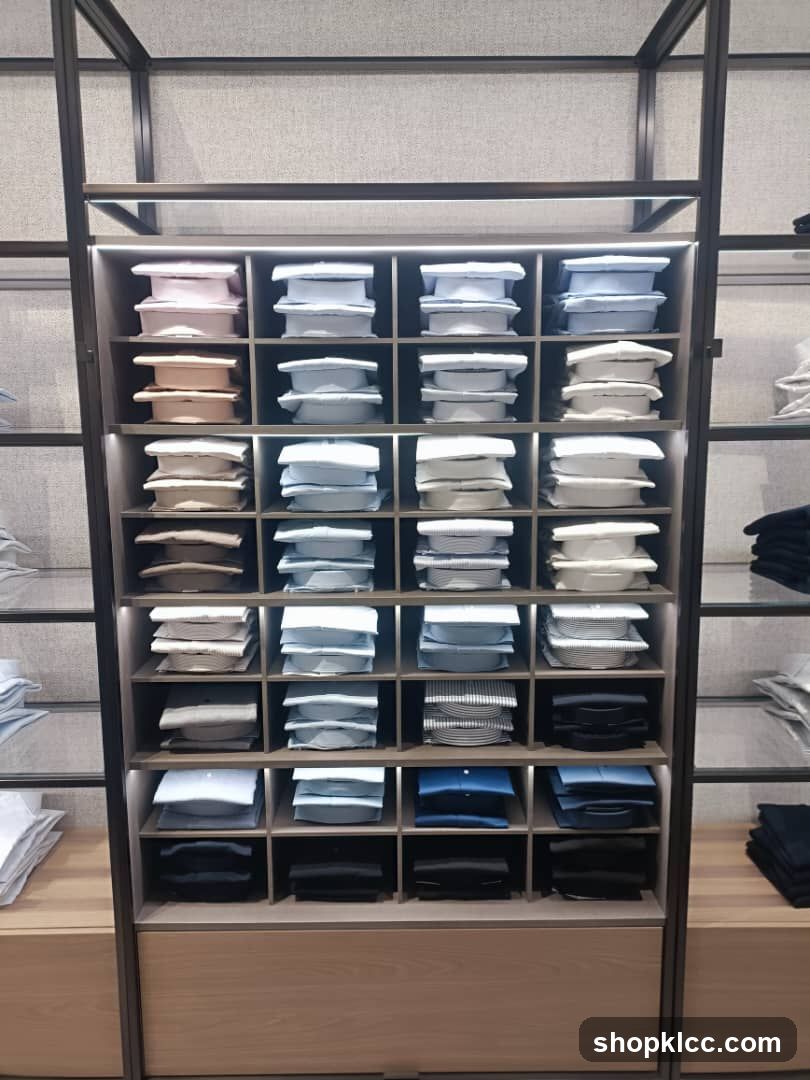 Neatly Folded Shirts on Display Shelves