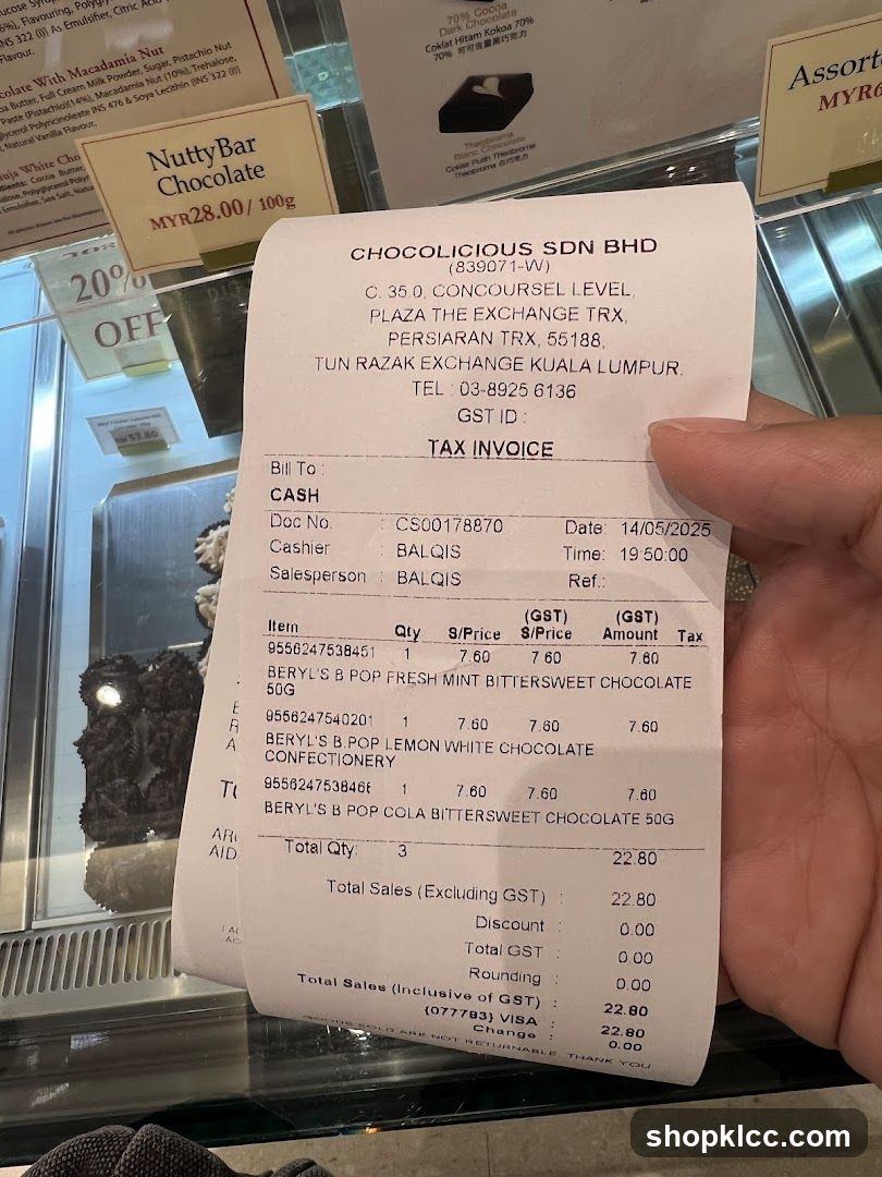 Receipt at Chocolicious Store
