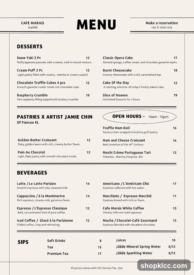 Cafe Marais Menu