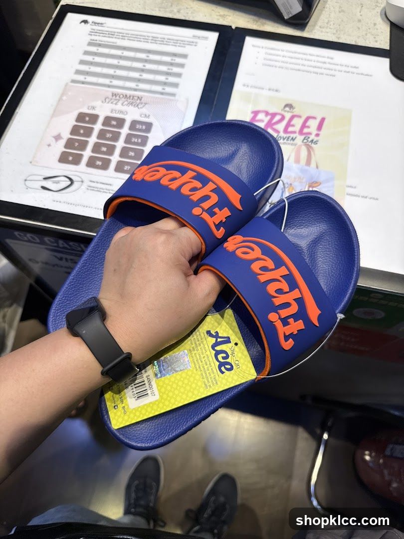 Person holding blue slides with orange logo
