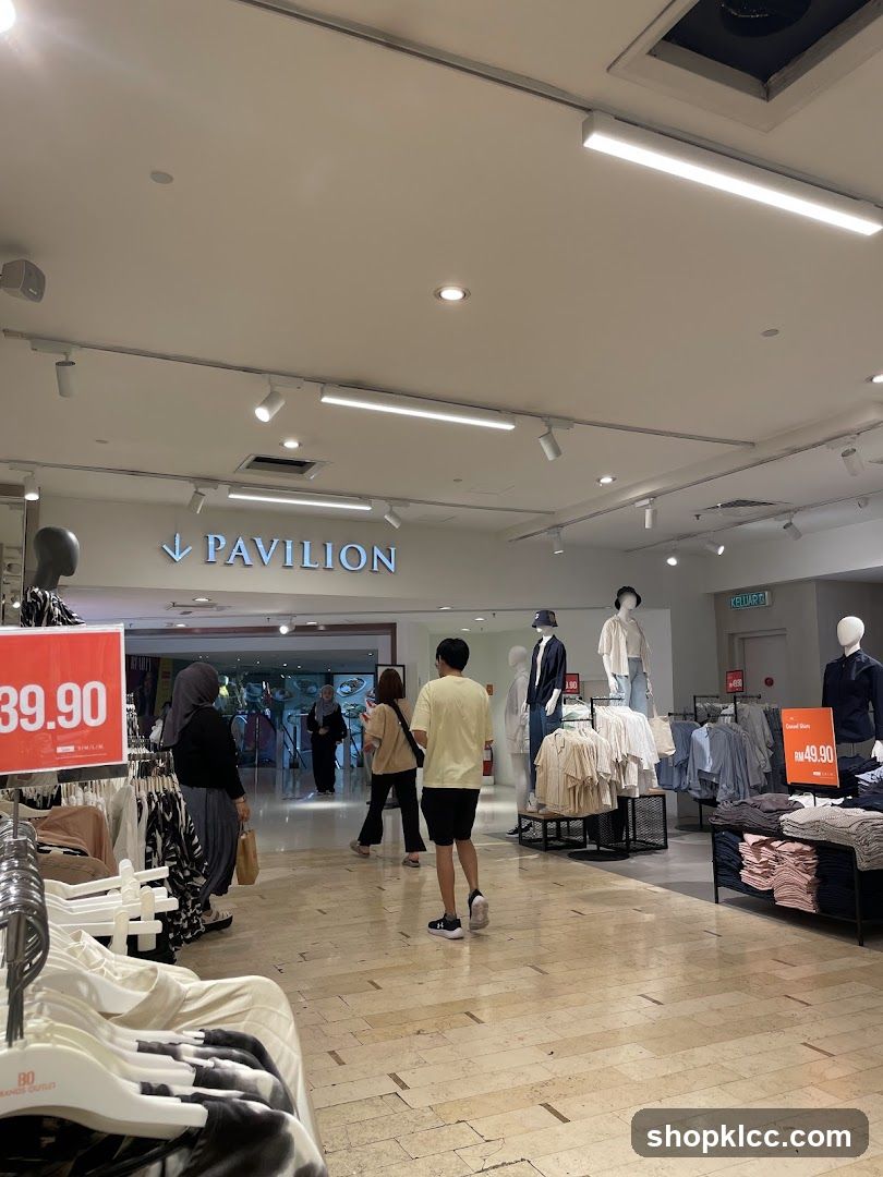 Clothing store interior with sale signs