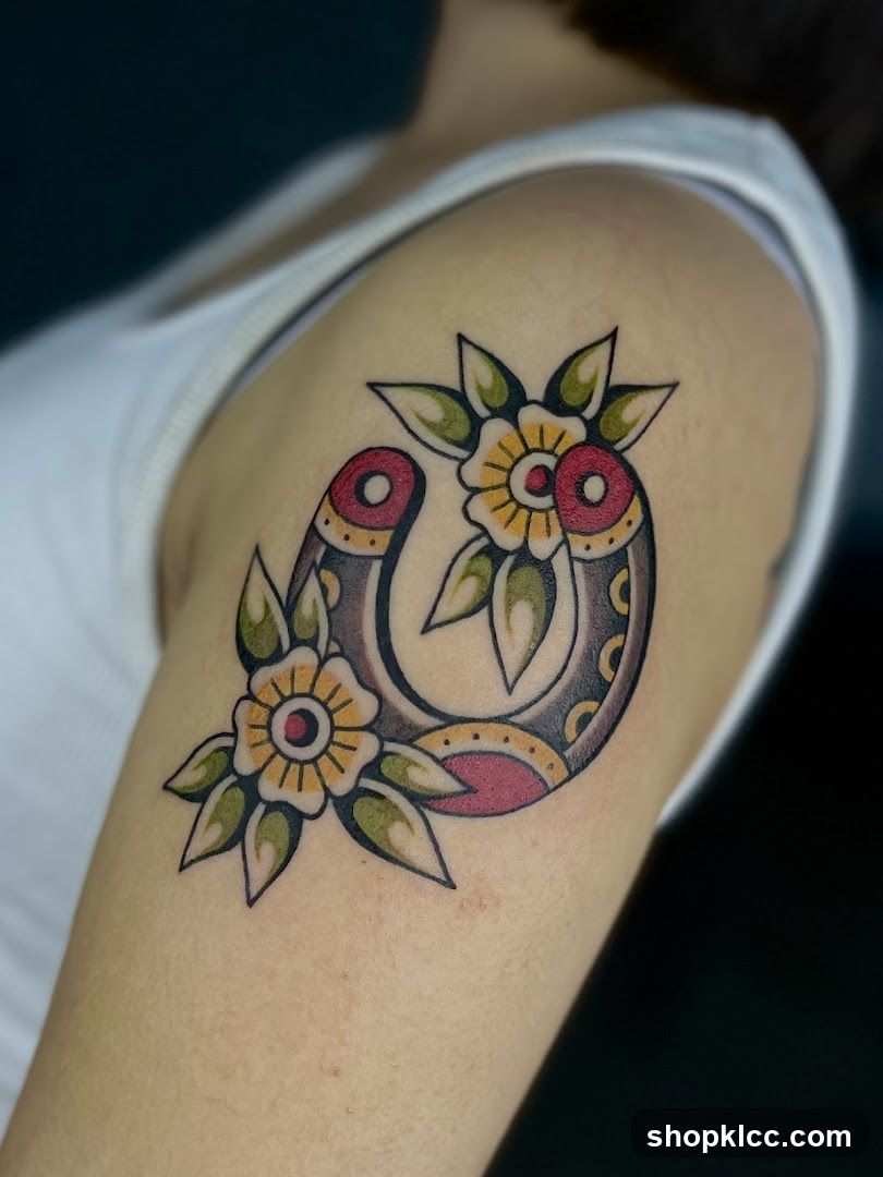 Flower and Horseshoe Tattoo on Shoulder