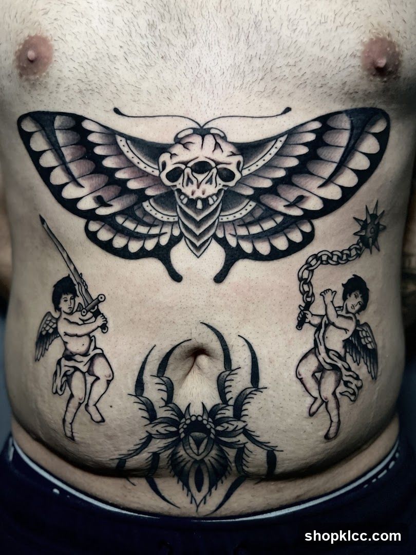 Moth and Cherub Tattoo on Chest