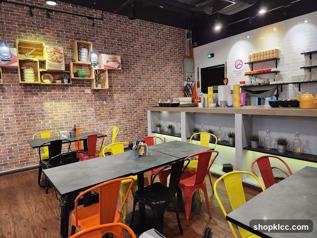 Restaurant Interior with Brick Wall and Colorful Chairs