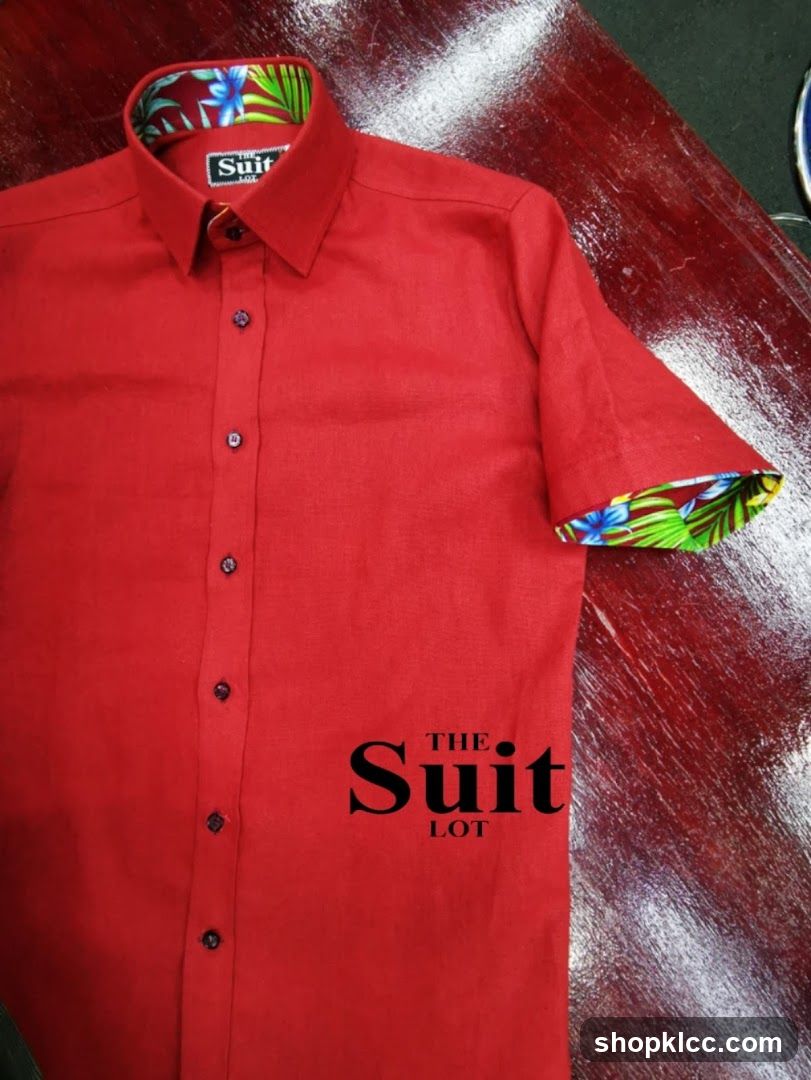 Red Linen Shirt with Tropical Collar and Cuff