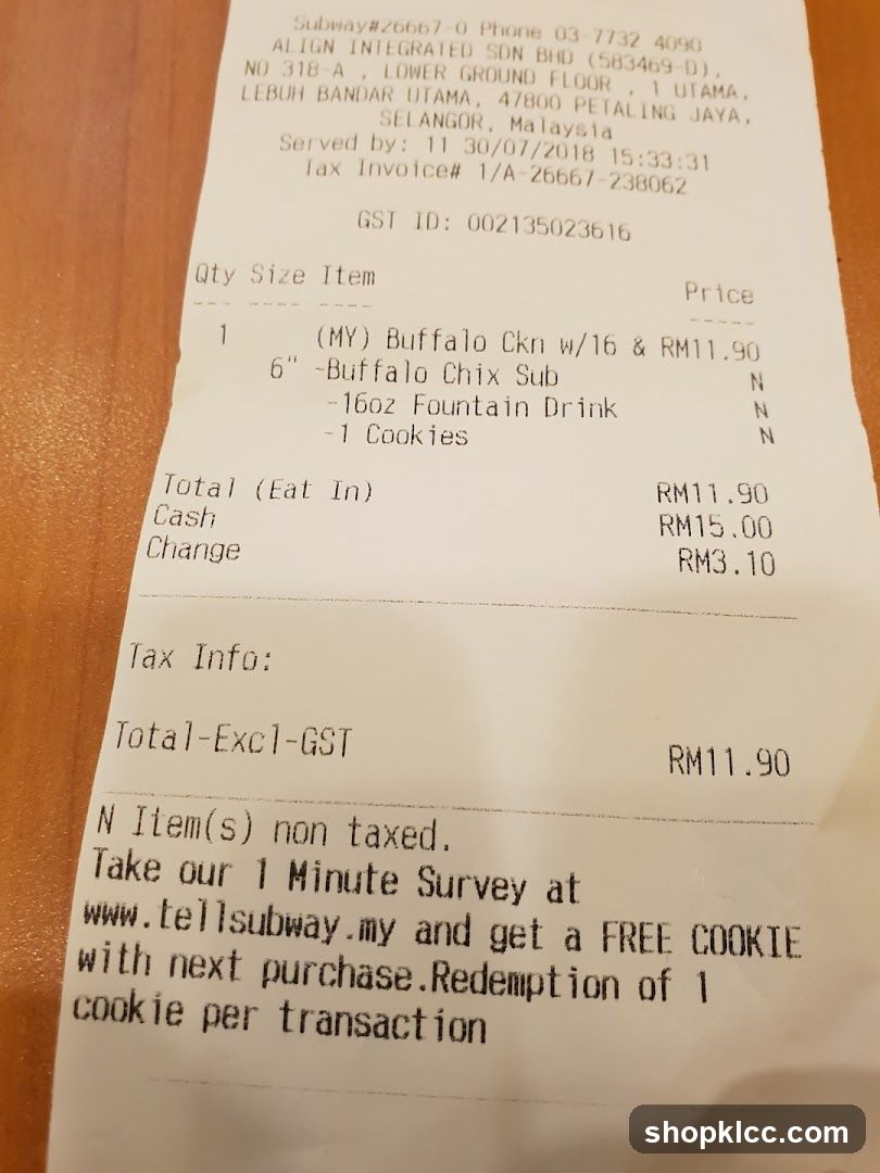 Subway Receipt