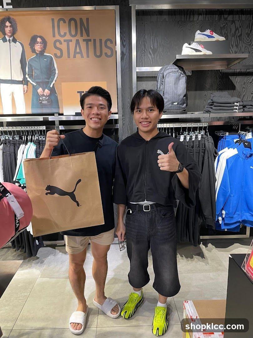 Two men posing in a Puma store