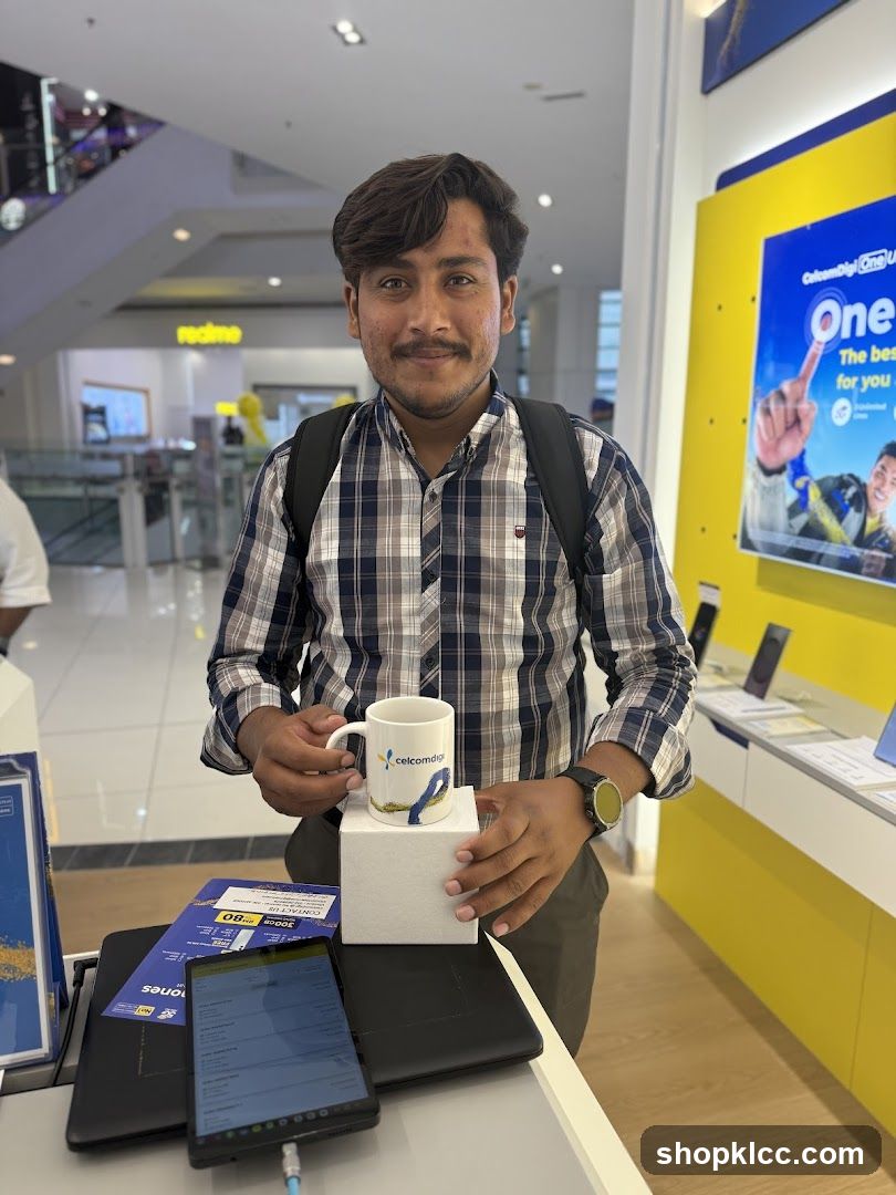 Man holding a mug in a store