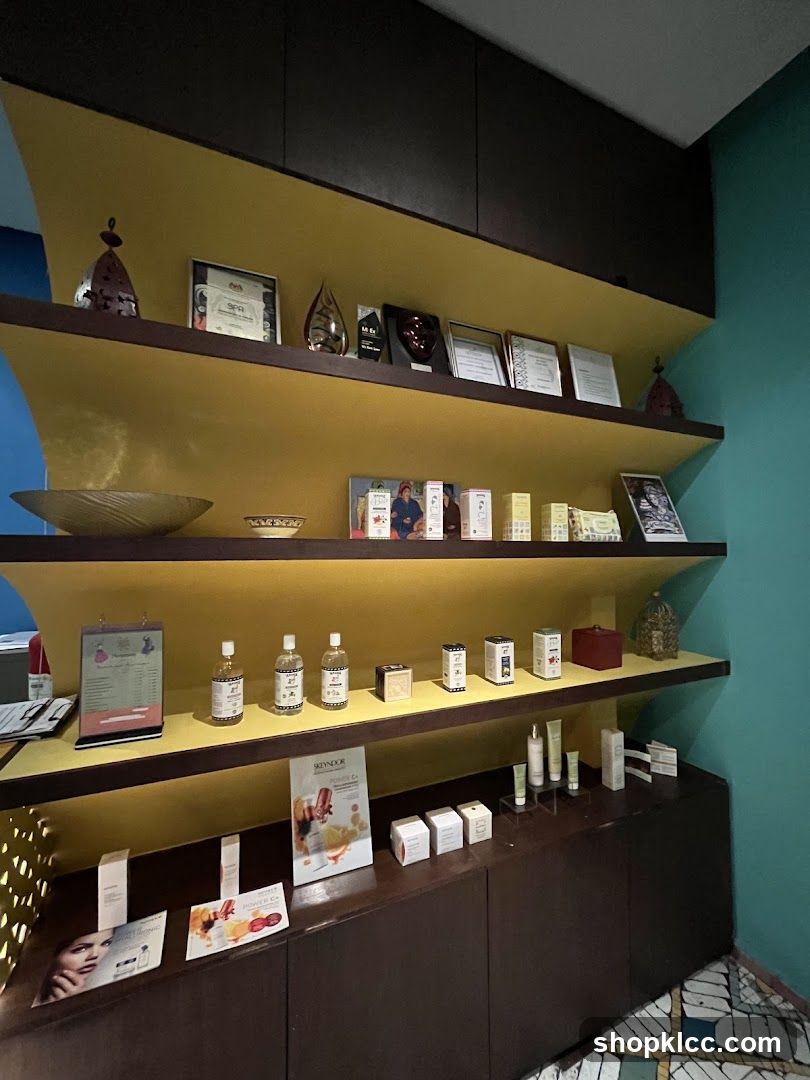 Shelves with beauty products and awards