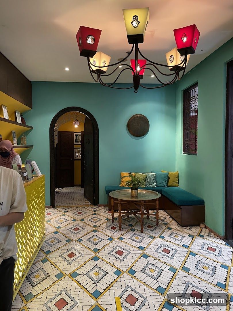 Moroccan-inspired interior with seating area