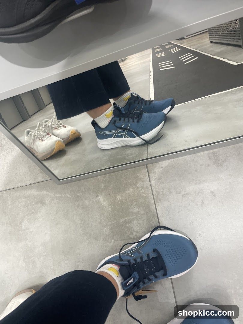 Trying on blue athletic shoes
