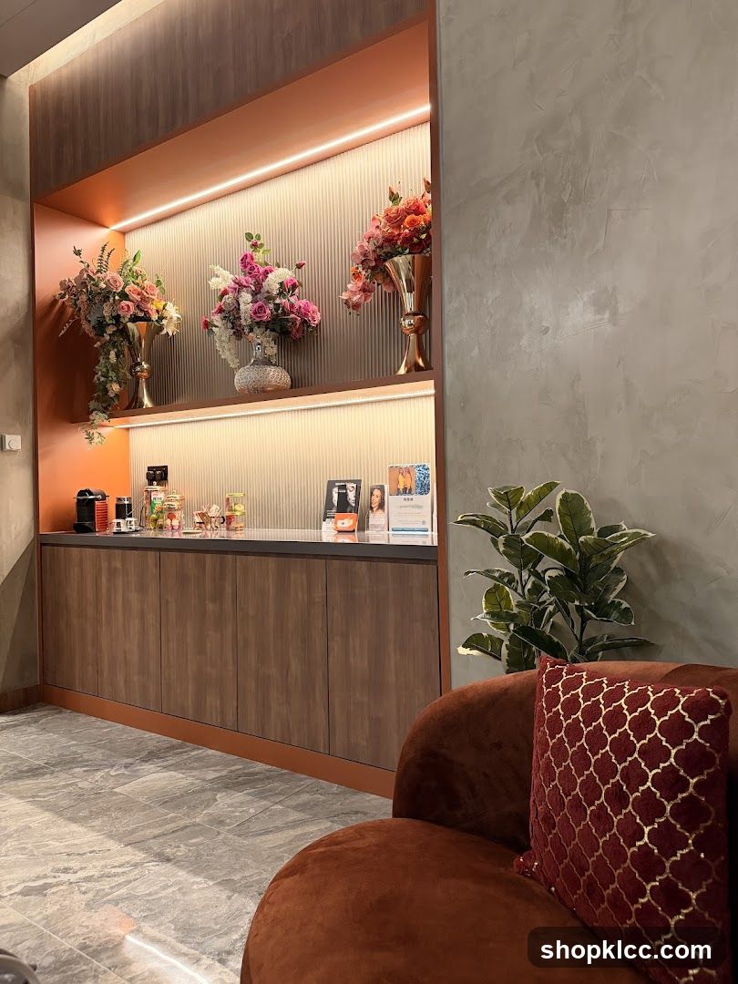 Interior of a waiting area with floral arrangements and a coffee station