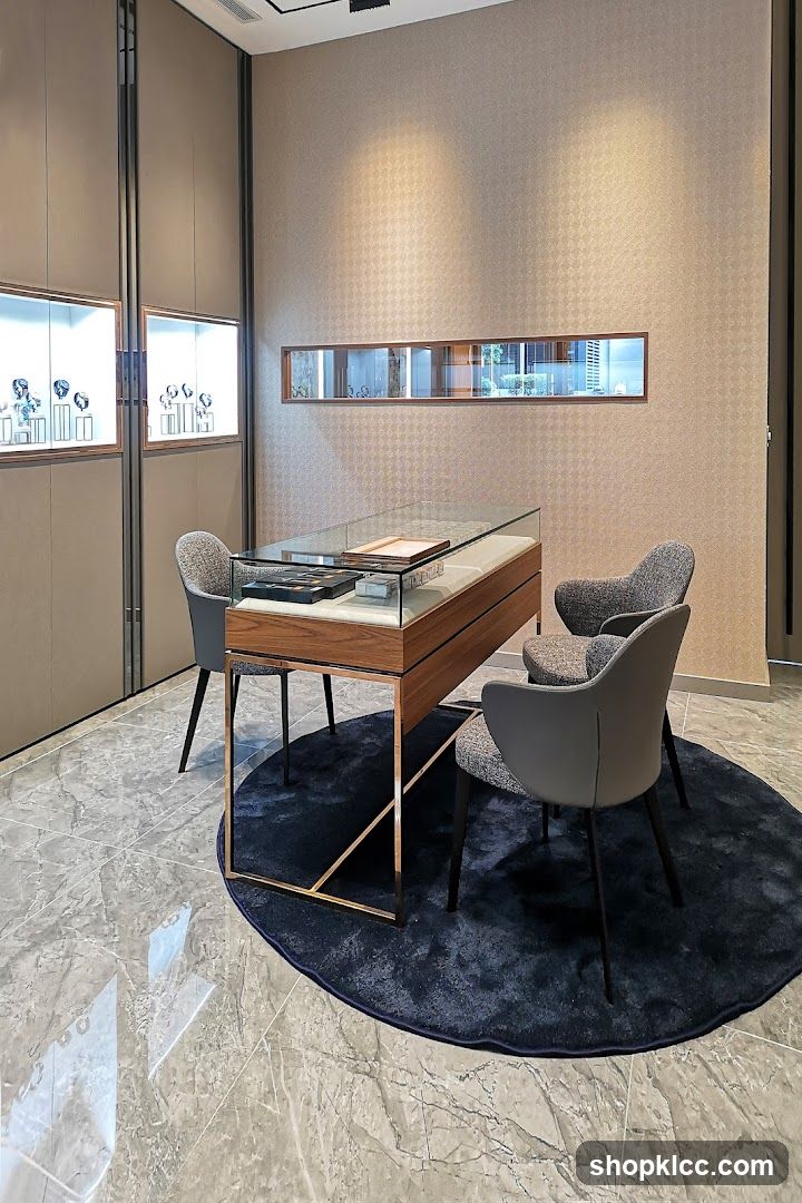 Jewelry store interior with display cases and seating