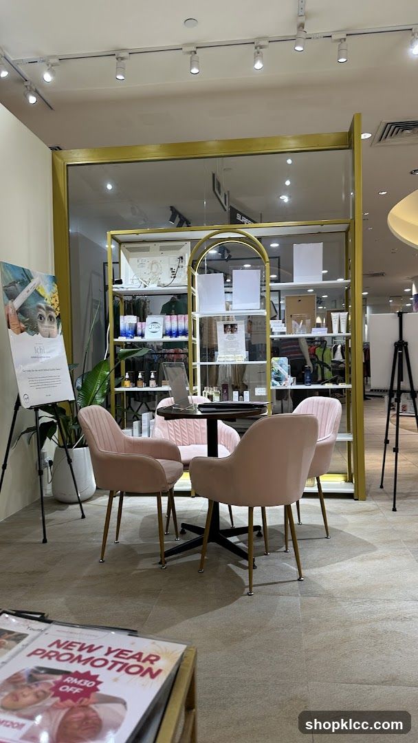 Cosmetics store interior with seating area